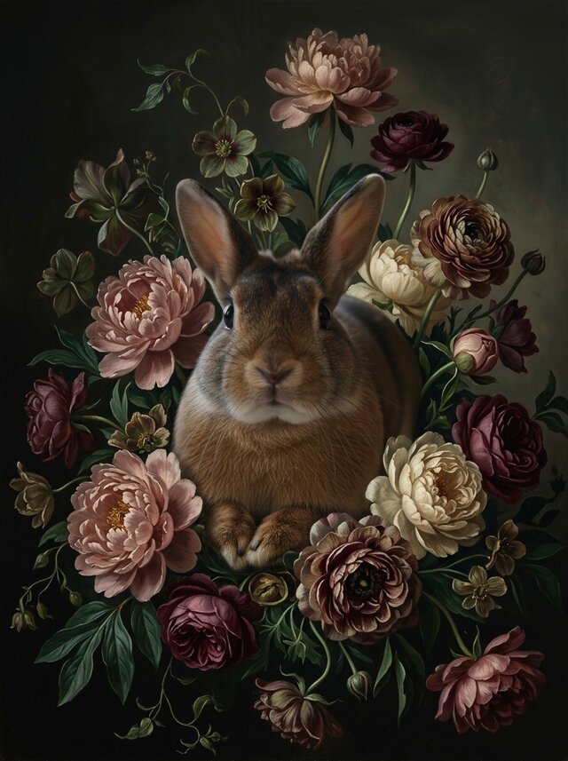 うさぎ（ミニレッキス）の花に囲まれた油絵風アート A3額装インテリア