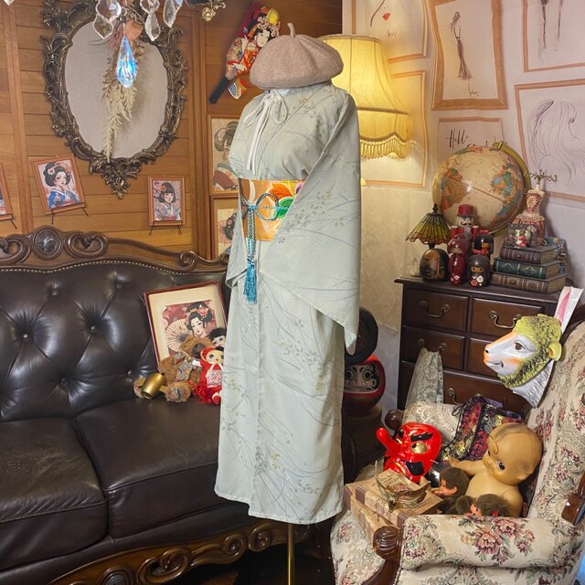 夏着物リメイク ワンピース／ドレス／洗える化繊 帯サッシュベルト