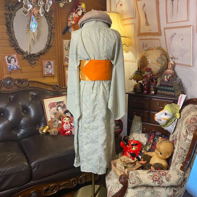夏着物リメイク ワンピース／ドレス／洗える化繊 帯サッシュベルト