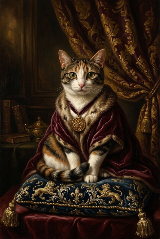 猫（ジャパニーズボブテイル）のルネサンス風肖像画 A4額装インテリア