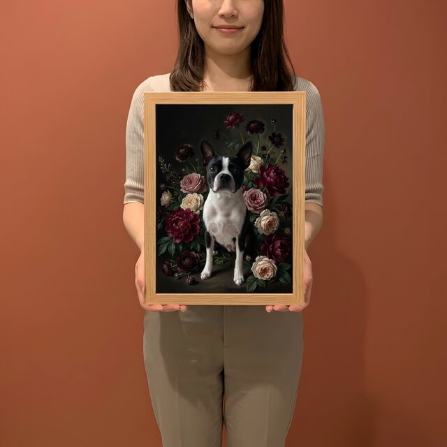 犬（ボストンテリア）の花に囲まれた油絵風アート A4額装インテリア