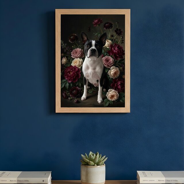 犬（ボストンテリア）の花に囲まれた油絵風アート A4額装インテリア