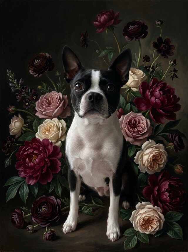 犬（ボストンテリア）の花に囲まれた油絵風アート A4額装インテリア