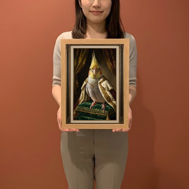 インコ（オカメインコ）のルネサンス風肖像画 油絵風アートA4額装