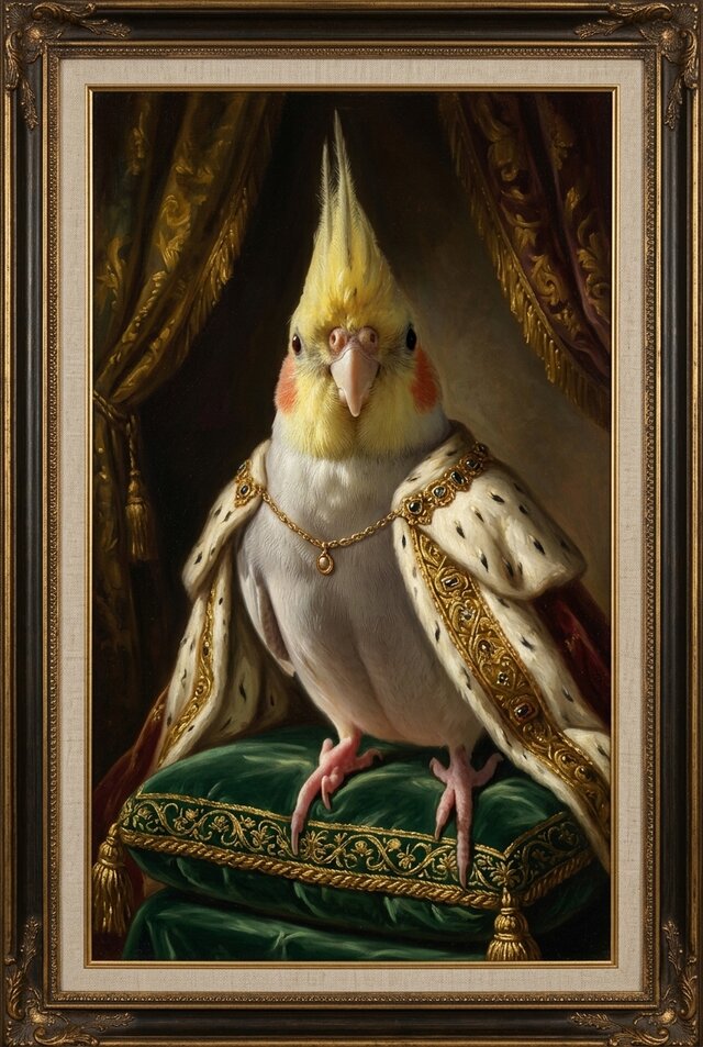 インコ（オカメインコ）のルネサンス風肖像画 油絵風アートA4額装