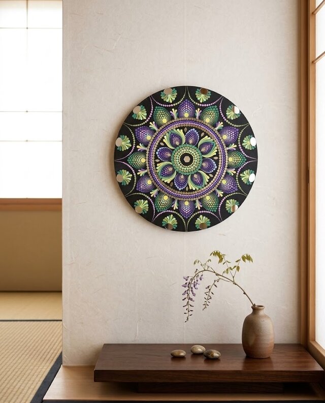 30cm】手描きドット曼荼羅アート ウォールデコ（壁掛けフック付き