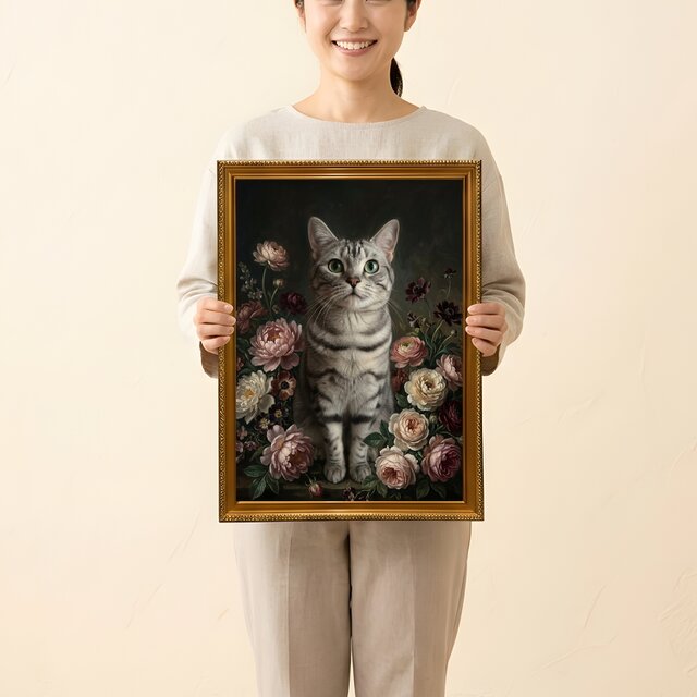 猫（アメリカンショートヘア）の花に囲まれた油絵風アート A3額装