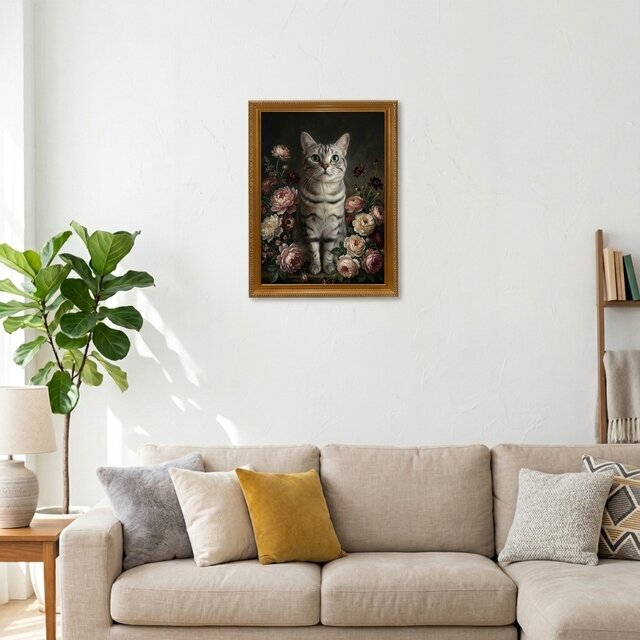 猫（アメリカンショートヘア）の花に囲まれた油絵風アート A3額装
