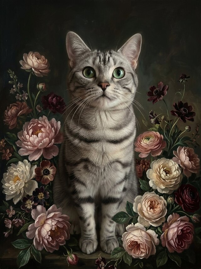 猫（アメリカンショートヘア）の花に囲まれた油絵風アート A3額装