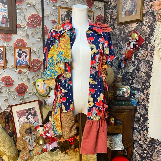 和洋折衷リメイク 着物 ワンピース パッチワーク コラージュ