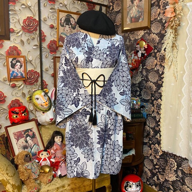 浴衣リメイク ミニミディ ワンピース ドレス 帯 和洋折衷 レトロ 古着