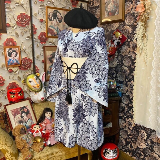 浴衣リメイク ミニミディ ワンピース ドレス 帯 和洋折衷 レトロ 古着