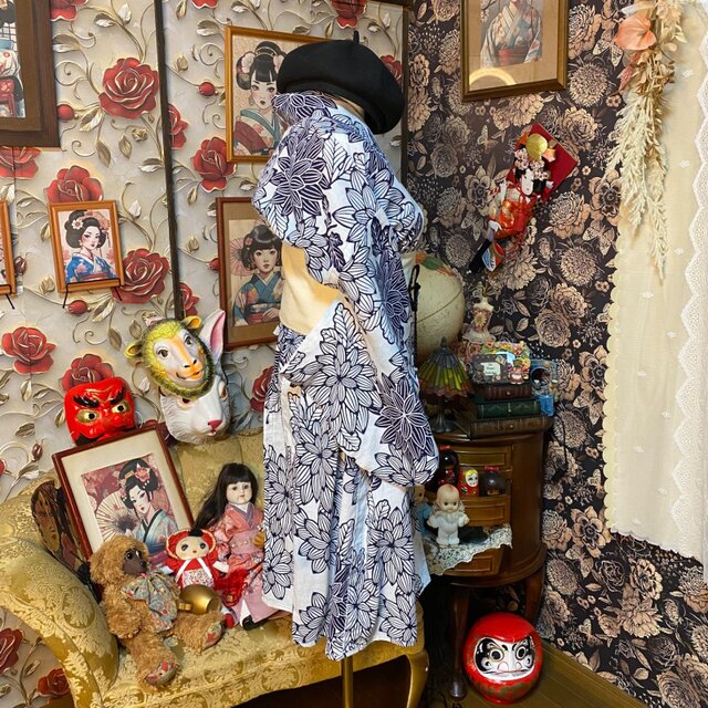 浴衣リメイク ミニミディ ワンピース ドレス 帯 和洋折衷 レトロ 古着