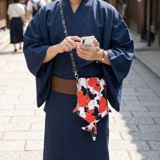 お着物　お出かけbag 保冷剤も入るメガサイズ】和風 ニシキゴイ柄のジンベイザメ型スマホ