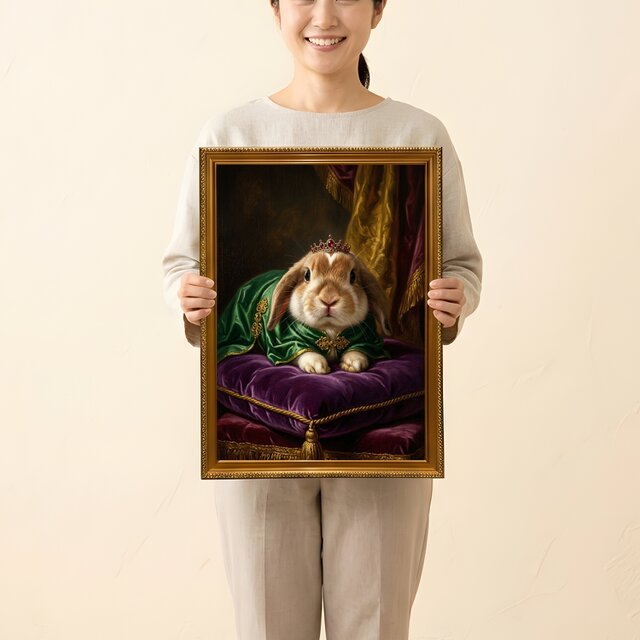 うさぎ（ミニロップ）のルネサンス風肖像画 油絵風アートA3額装