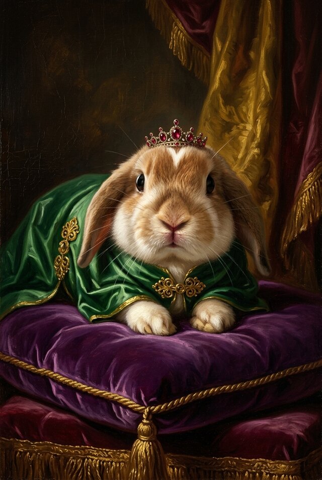 うさぎ（ミニロップ）のルネサンス風肖像画 油絵風アートA3額装