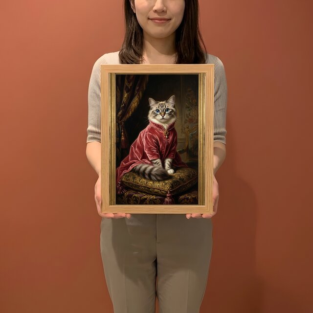 猫（ラグドール）のルネサンス風肖像画 油絵風アートA4額装インテリア