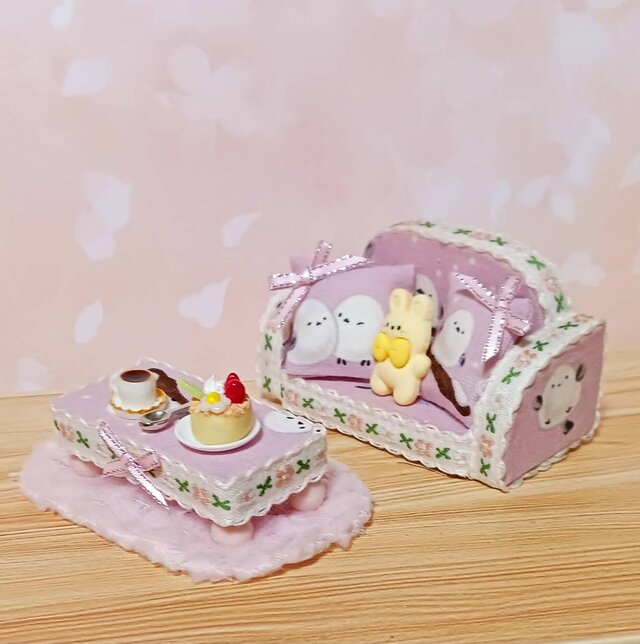 ミニチュア ソファ テーブル セット シマエナガ柄 ケーキセット