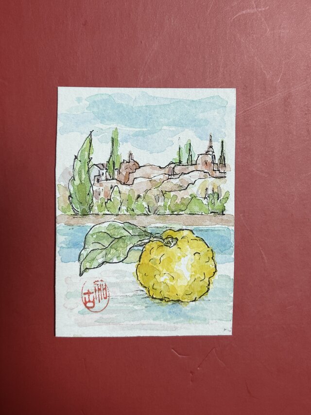 柚子と宮殿(ミニミニ絵画、水彩画、原画、スペイン、グラナダ
