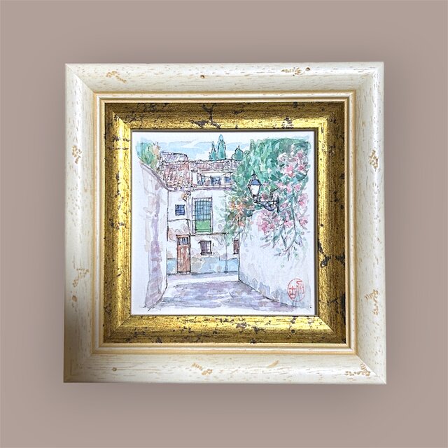 シエスタ（水彩画、原画、スペイン、グラナダ、風景画、額付き