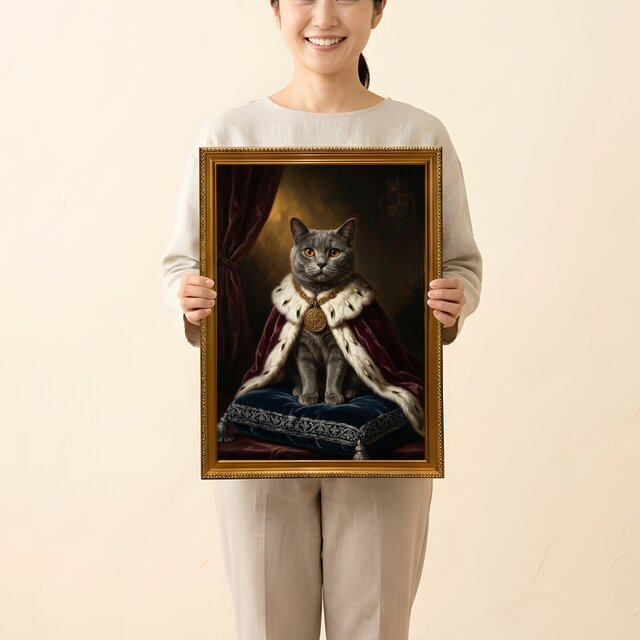 猫（シャルトリュー）のルネサンス風肖像画 油絵風アートA3額装