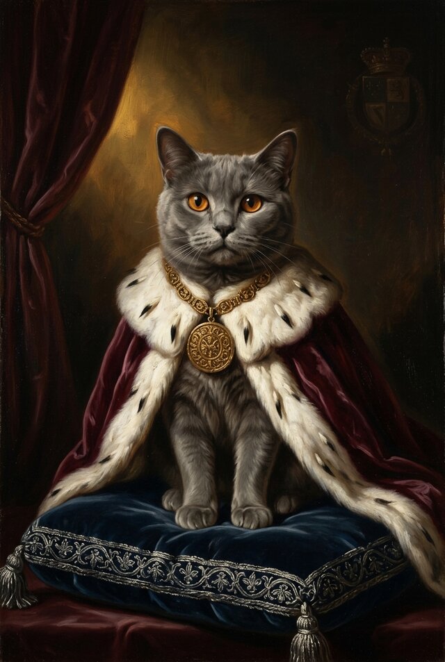 猫（シャルトリュー）のルネサンス風肖像画 油絵風アートA3額装