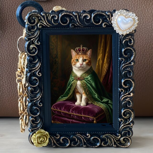 猫（マンチカン）バッグチャーム ルネサンス風 ブラック額縁デザイン
