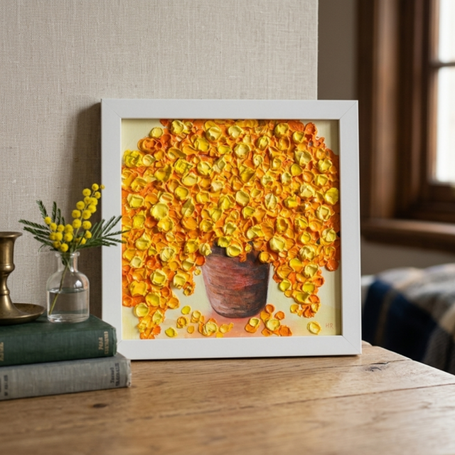 原画】立体的に描かれたミモザの花束 油絵肉筆画（ホワイトフレーム付