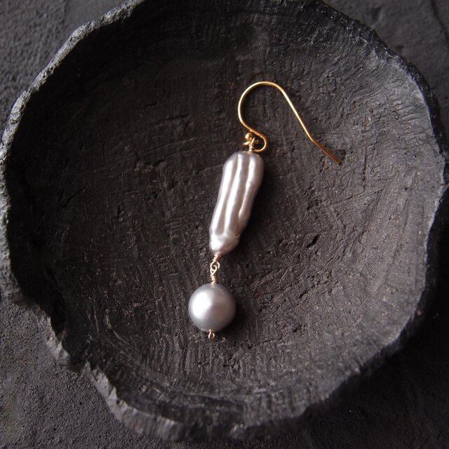 K14gf】Baroque Pearl［！］ Earring ／バロックパール 感嘆符ピアス