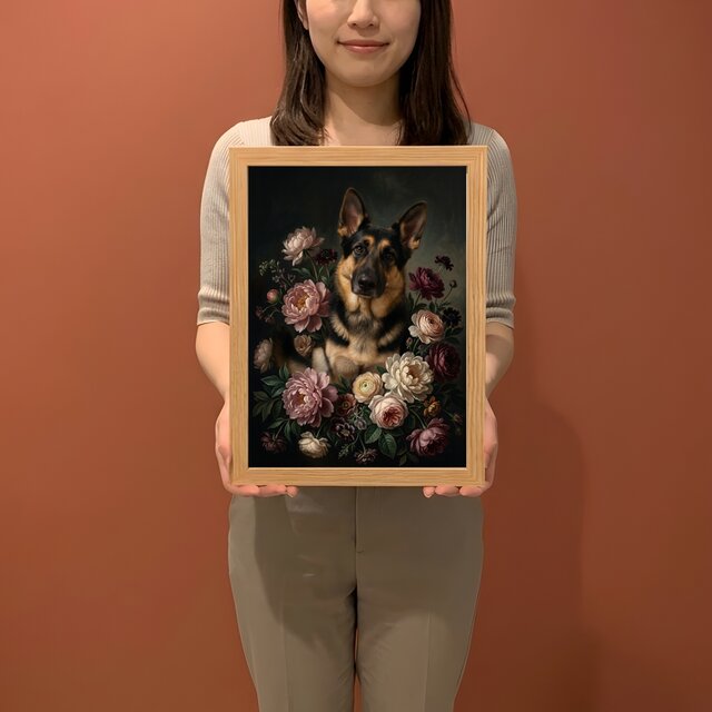 犬（ジャーマンシェパード）の花に囲まれた油絵風アート A4額装