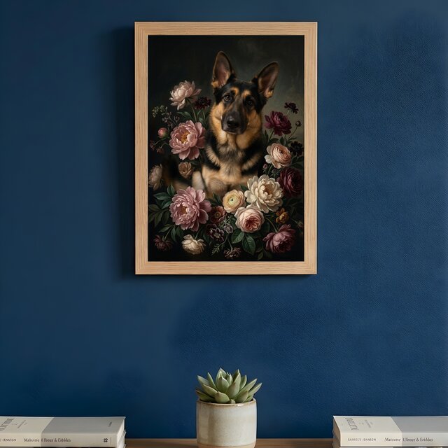 犬（ジャーマンシェパード）の花に囲まれた油絵風アート A4額装