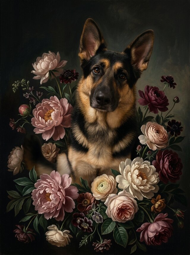 犬（ジャーマンシェパード）の花に囲まれた油絵風アート A4額装