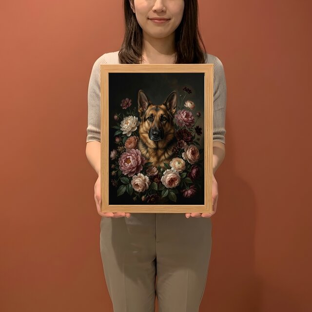 犬（ジャーマンシェパード）の花に囲まれた油絵風アート A4額装