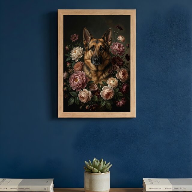 犬（ジャーマンシェパード）の花に囲まれた油絵風アート A4額装