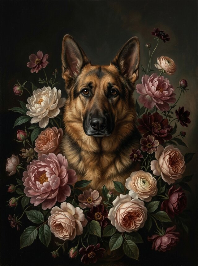 犬（ジャーマンシェパード）の花に囲まれた油絵風アート A4額装