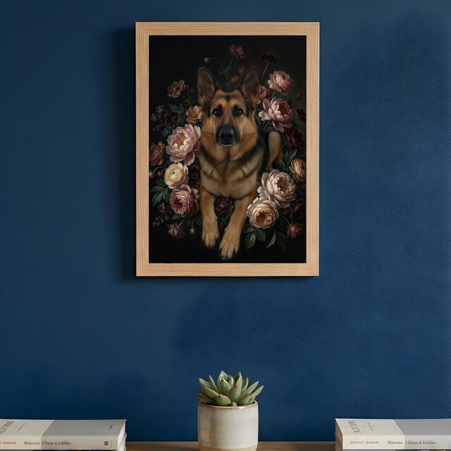 犬（ジャーマンシェパード）の花に囲まれた油絵風アート A4額装