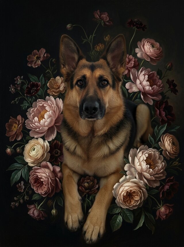犬（ジャーマンシェパード）の花に囲まれた油絵風アート A4額装