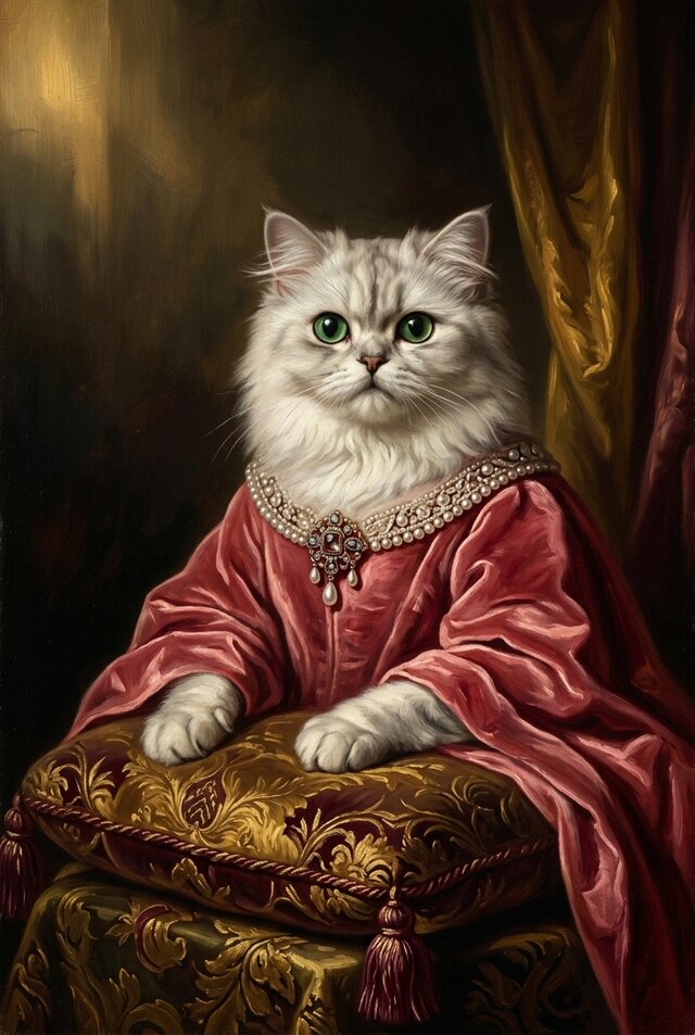 猫（チンチラペルシャ）のルネサンス風肖像画 油絵風アートA4額装