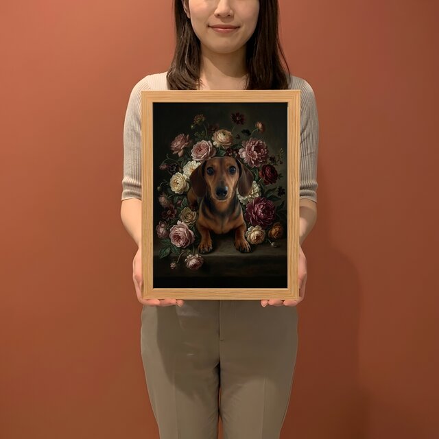 犬（ミニチュアダックスフンド）の花の油絵風アート A4額装インテリア