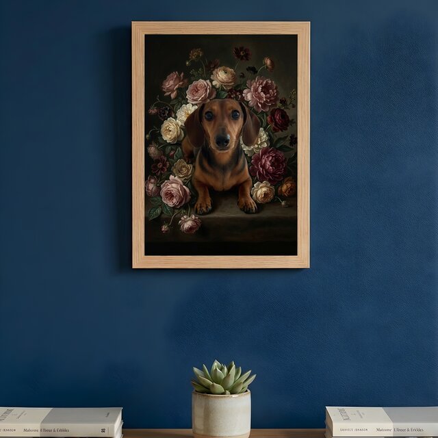 犬（ミニチュアダックスフンド）の花の油絵風アート A4額装インテリア