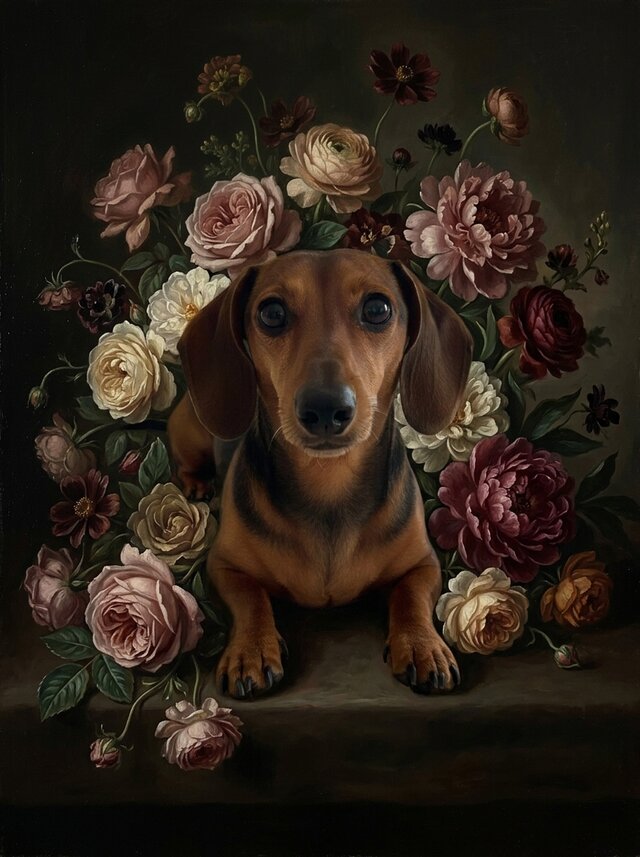 犬（ミニチュアダックスフンド）の花の油絵風アート A4額装インテリア