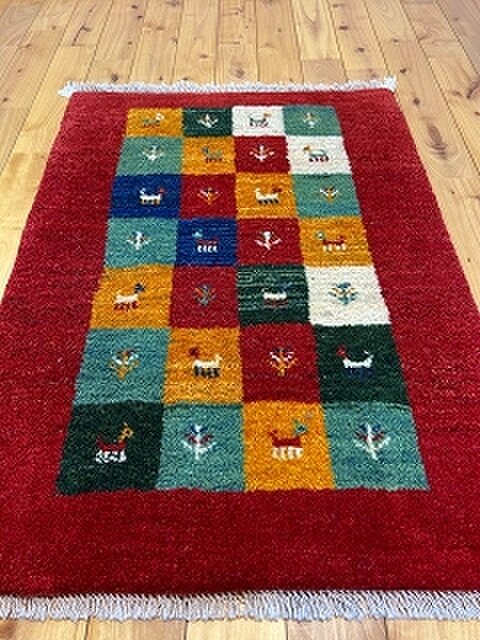 ペルシャ ダバールギャッベ 玄関マット ラグ 87×63㎝ パネル柄 レッド
