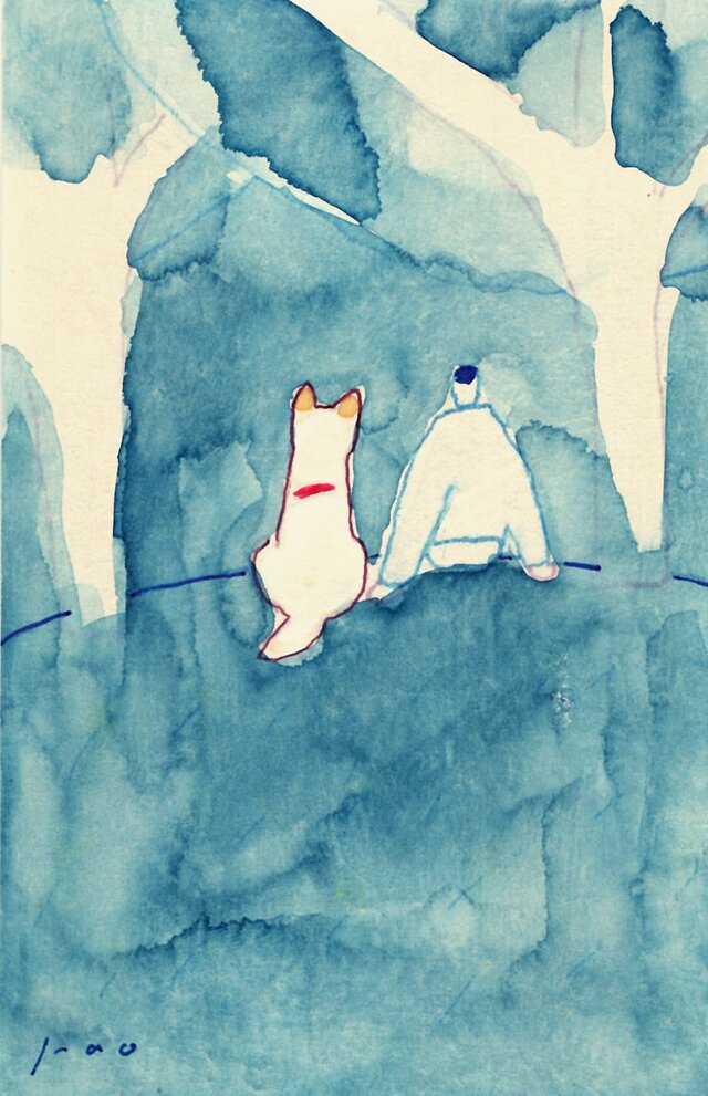 原画・イラスト】「丘の上で」 ※木製額縁入り ・犬の絵・水彩