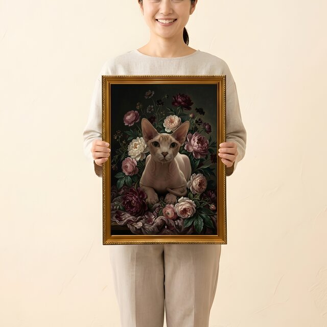 猫（スフィンクス）の花に囲まれた油絵風アート A3額装インテリア