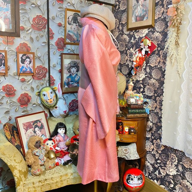着物リメイク ミニミディ ワンピース ／ドレス／洗える化繊 帯サッシュ
