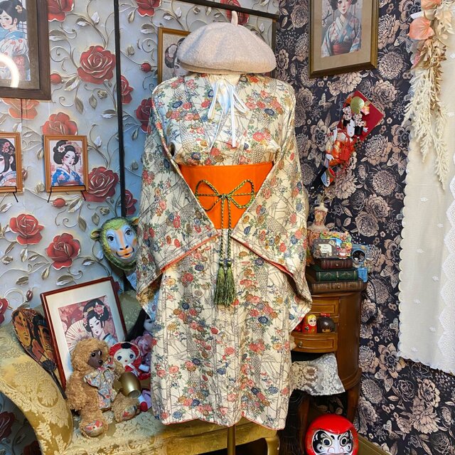 着物リメイク ミニミディ ワンピース ／ドレス／洗える化繊 帯サッシュ