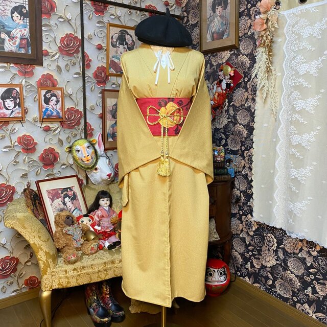 色無地 着物リメイク セミロング ワンピース ／ドレス／洗える化繊 帯