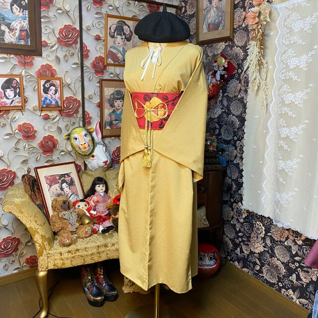 色無地 着物リメイク セミロング ワンピース ／ドレス／洗える化繊 帯