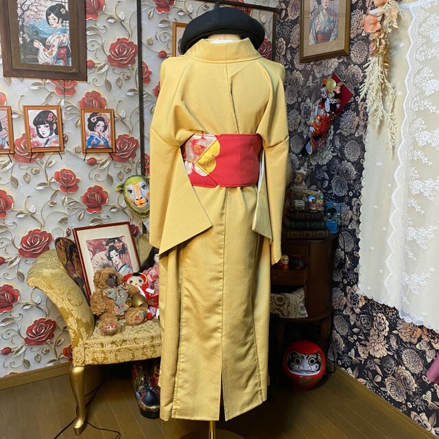 色無地 着物リメイク セミロング ワンピース ／ドレス／洗える化繊 帯