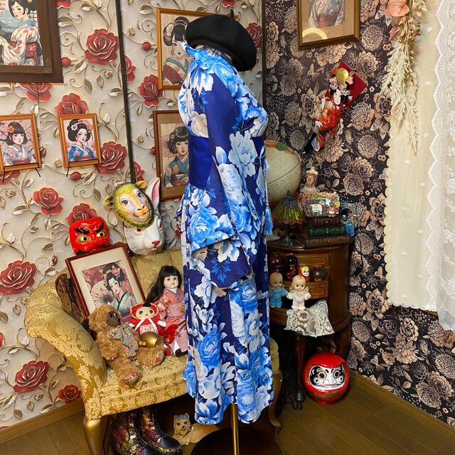 浴衣リメイク セミロング ワンピース ドレス 帯サッシュベルト付 和洋